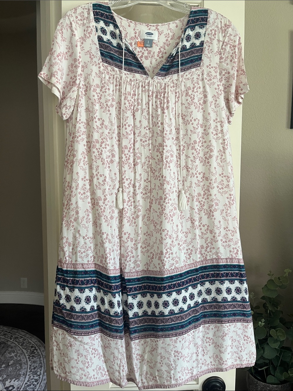 Old Navy Dress, Pink, White, Floral, Tassels, Boho, Short Sleeve, Lined